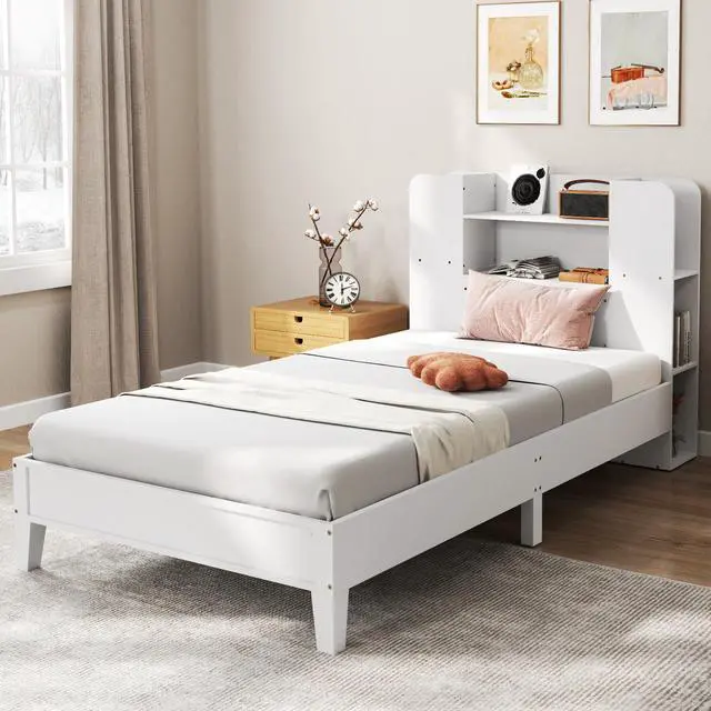 Alt view image 3 of 6 - SlickBlue Wooden Platform Bed Frame with Bookcase Headboard