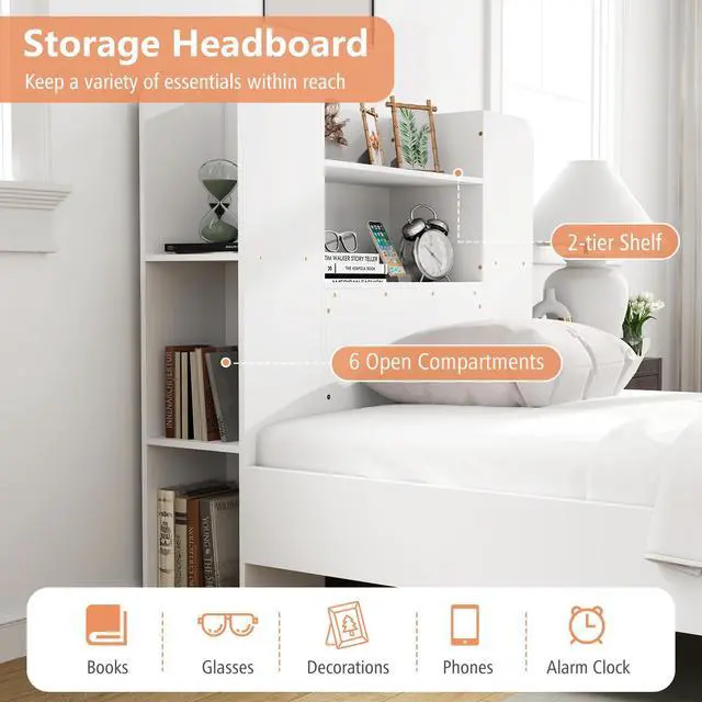 Alt view image 6 of 6 - SlickBlue Wooden Platform Bed Frame with Bookcase Headboard
