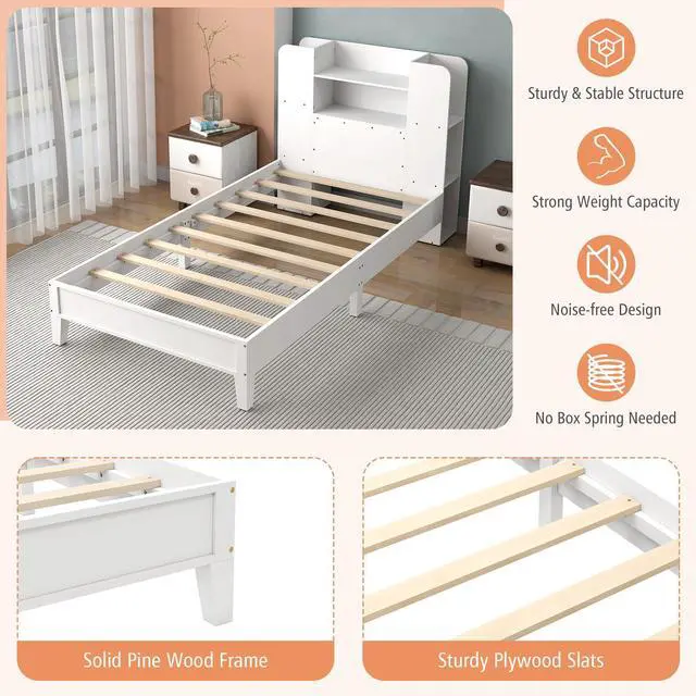 Alt view image 5 of 6 - SlickBlue Wooden Platform Bed Frame with Bookcase Headboard
