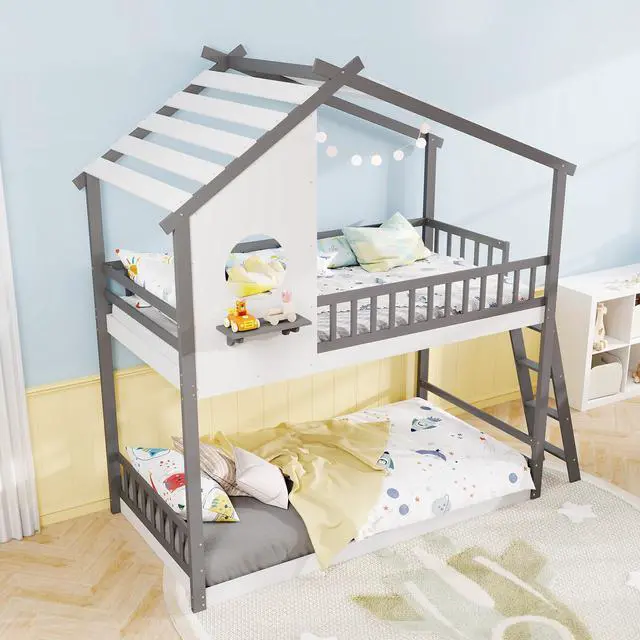 Alt view image 3 of 7 - SlickBlue  House Bunk Bed with Roof and Guardrails for Kids