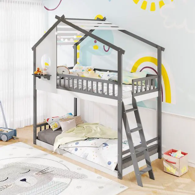 Alt view image 2 of 7 - SlickBlue  House Bunk Bed with Roof and Guardrails for Kids