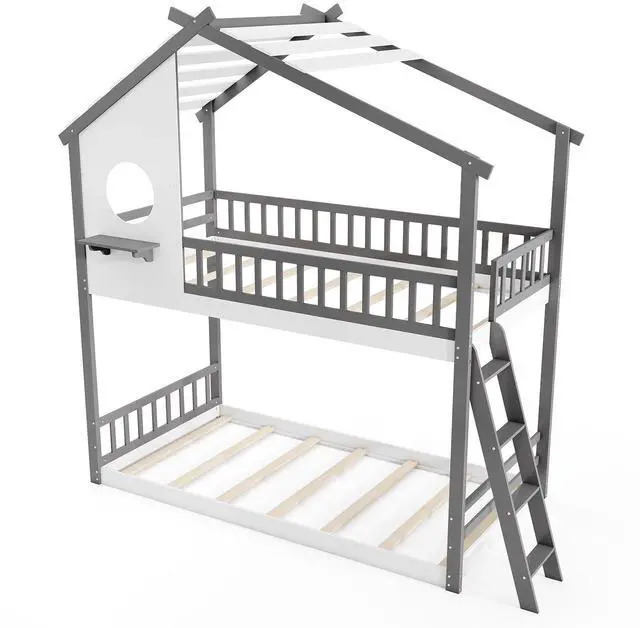 Main image of SlickBlue  House Bunk Bed with Roof and Guardrails for Kids