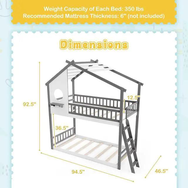 Alt view image 4 of 7 - SlickBlue  House Bunk Bed with Roof and Guardrails for Kids