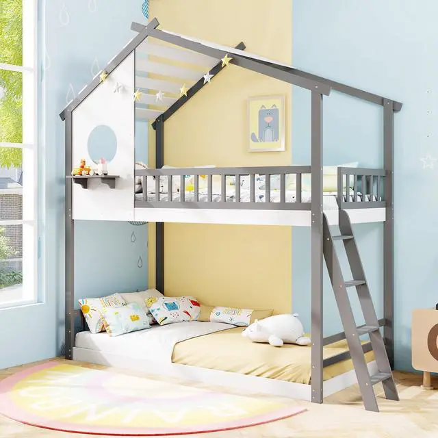 Alt view image 6 of 7 - SlickBlue  House Bunk Bed with Roof and Guardrails for Kids