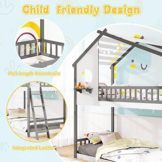 Alt view image 7 of 7 - SlickBlue  House Bunk Bed with Roof and Guardrails for Kids