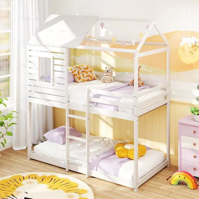 Alt view image 2 of 7 - SlickBlue  House Bunk Bed with Roof and Full-length Guardrails