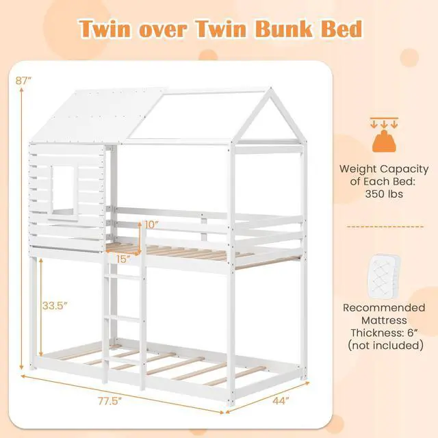 Alt view image 4 of 7 - SlickBlue  House Bunk Bed with Roof and Full-length Guardrails