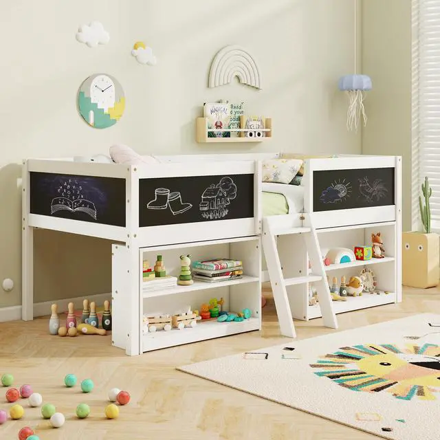 Alt view image 2 of 7 - SlickBlue Kid Twin Size Low Loft Bed with Chalkboard Ramp Ladder and Bookcases