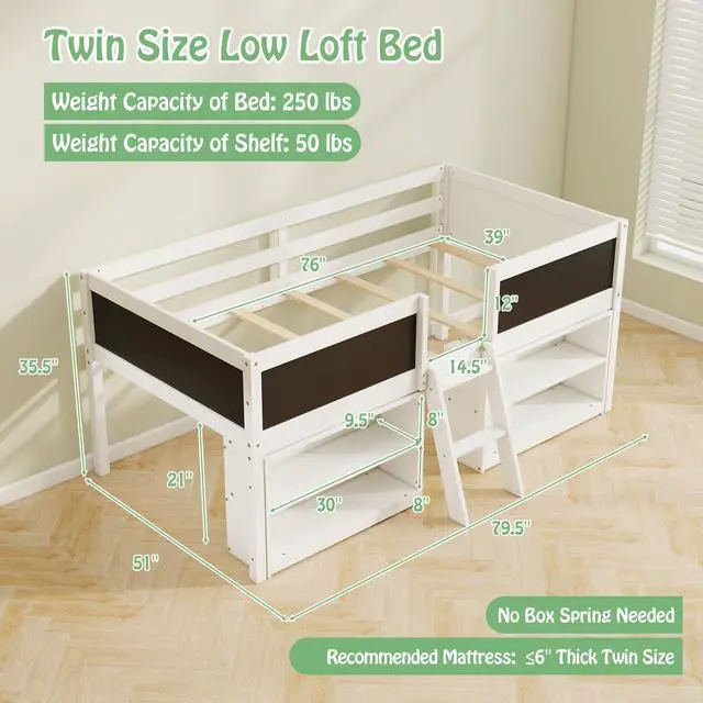 Alt view image 4 of 7 - SlickBlue Kid Twin Size Low Loft Bed with Chalkboard Ramp Ladder and Bookcases