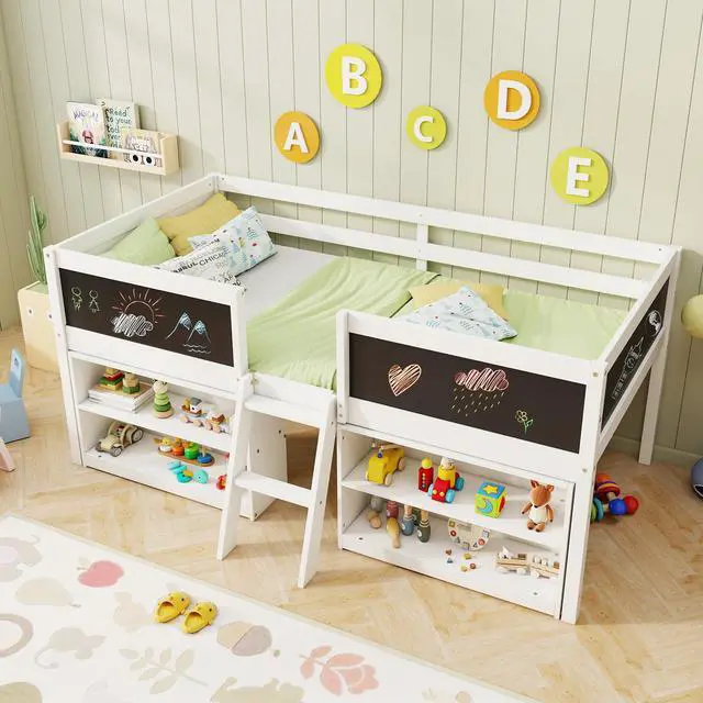 Alt view image 5 of 7 - SlickBlue Kid Twin Size Low Loft Bed with Chalkboard Ramp Ladder and Bookcases