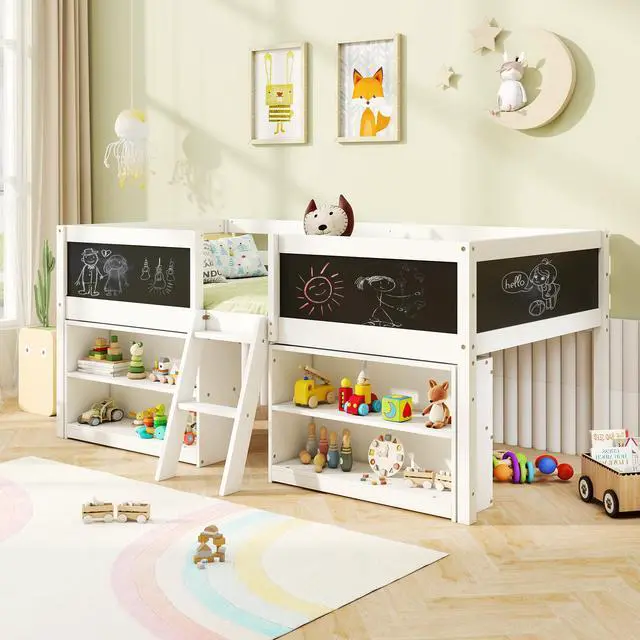 Alt view image 6 of 7 - SlickBlue Kid Twin Size Low Loft Bed with Chalkboard Ramp Ladder and Bookcases