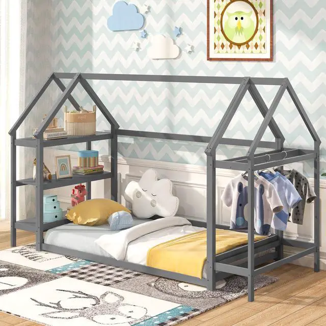 Alt view image 2 of 7 - SlickBlue Montessori Floor House Bed with Detachable Storage Shelves