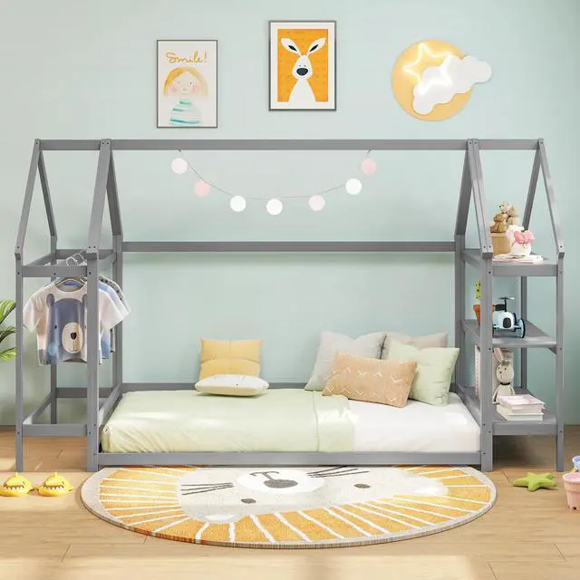 Alt view image 3 of 7 - SlickBlue Montessori Floor House Bed with Detachable Storage Shelves