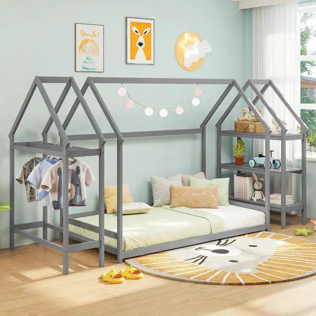 Alt view image 6 of 7 - SlickBlue Montessori Floor House Bed with Detachable Storage Shelves