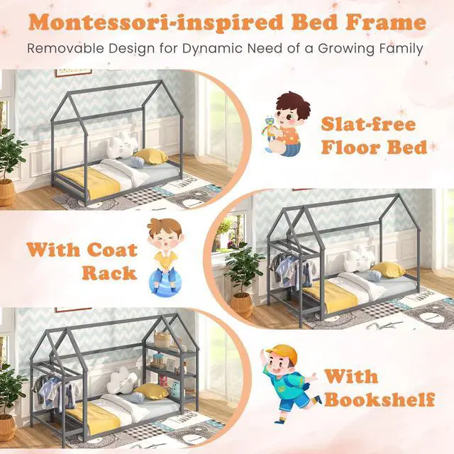 Alt view image 7 of 7 - SlickBlue Montessori Floor House Bed with Detachable Storage Shelves