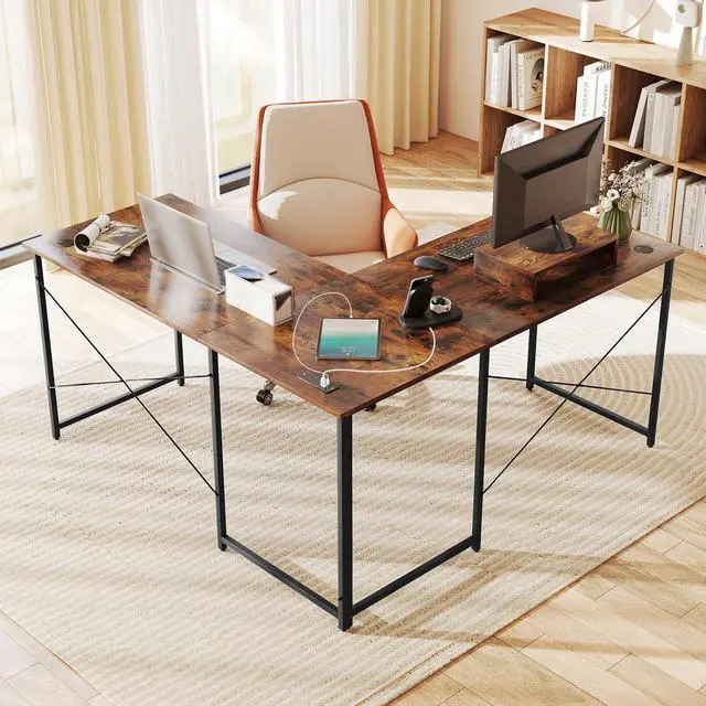 Alt view image 3 of 7 - SlickBlue 95 Inch 2-Person L-Shaped Long Reversible Computer Desk with Monitor Stand