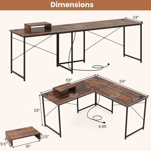 Alt view image 5 of 7 - SlickBlue 95 Inch 2-Person L-Shaped Long Reversible Computer Desk with Monitor Stand