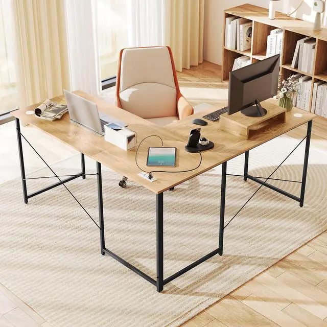 Alt view image 2 of 7 - SlickBlue 95 Inch 2-Person L-Shaped Long Reversible Computer Desk with Monitor Stand