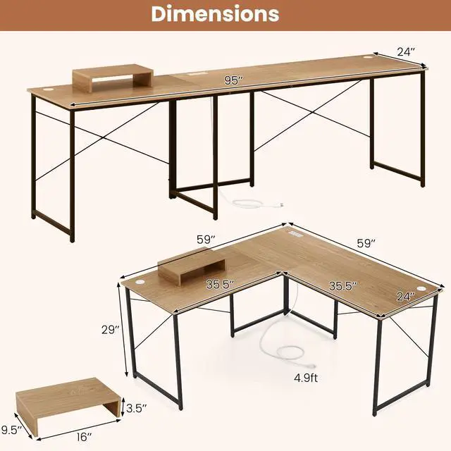 Alt view image 6 of 7 - SlickBlue 95 Inch 2-Person L-Shaped Long Reversible Computer Desk with Monitor Stand