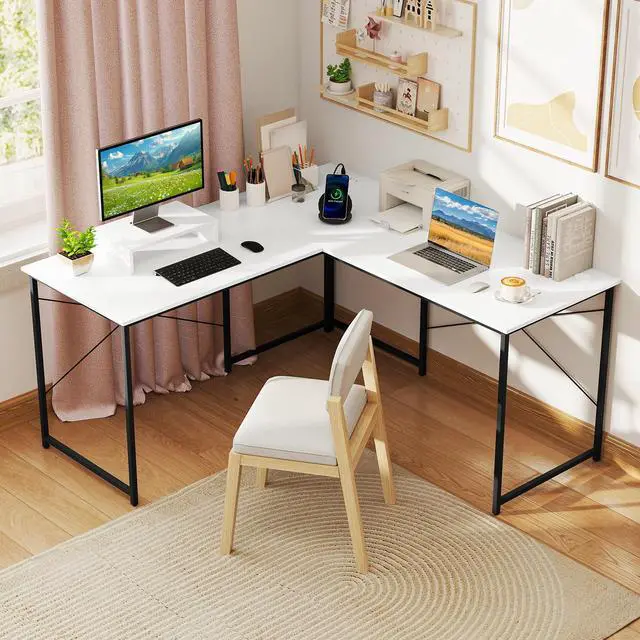 Alt view image 2 of 7 - SlickBlue L-Shaped Computer Desk with Power Outlets and Monitor Shelf