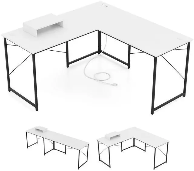 Main image of SlickBlue L-Shaped Computer Desk with Power Outlets and Monitor Shelf