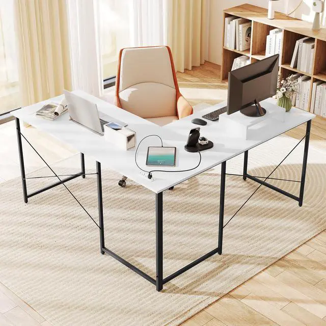 Alt view image 3 of 7 - SlickBlue L-Shaped Computer Desk with Power Outlets and Monitor Shelf