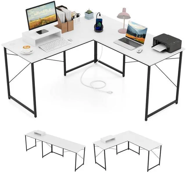 Alt view image 4 of 7 - SlickBlue L-Shaped Computer Desk with Power Outlets and Monitor Shelf