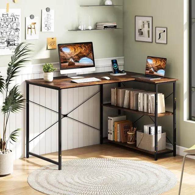Alt view image 2 of 7 - SlickBlue L-shaped 47 Inch Reversible Corner Desk with Adjustable Storage Shelves