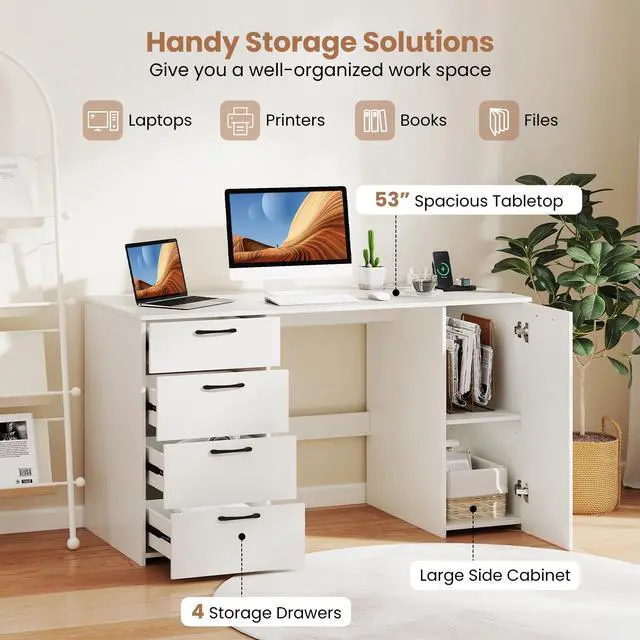 Alt view image 7 of 7 - SlickBlue 53 Inches Computer Desk with Power Outlets and 4 Storage Drawers