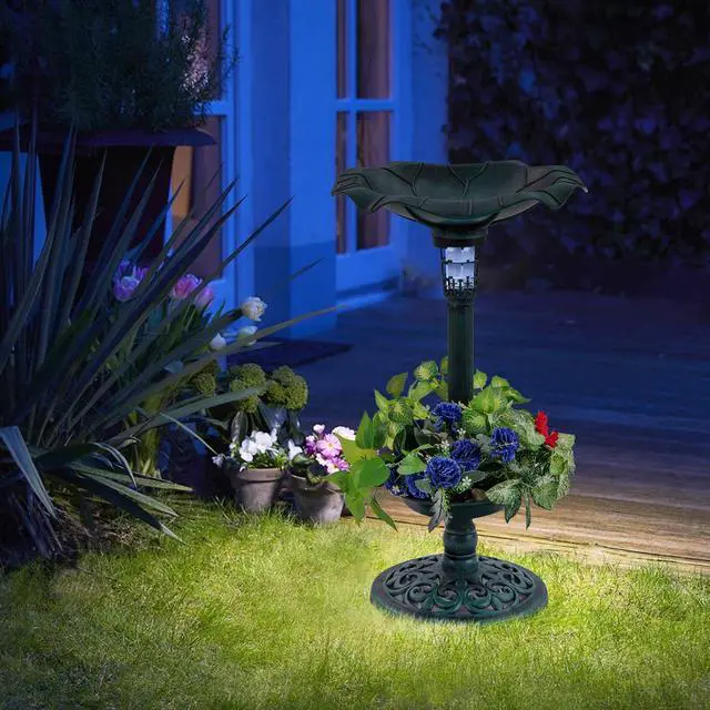 Main image of SlickBlue Standing Pedestal Birdbath and Feeder Combo with Lotus Leaf Bowl-Green