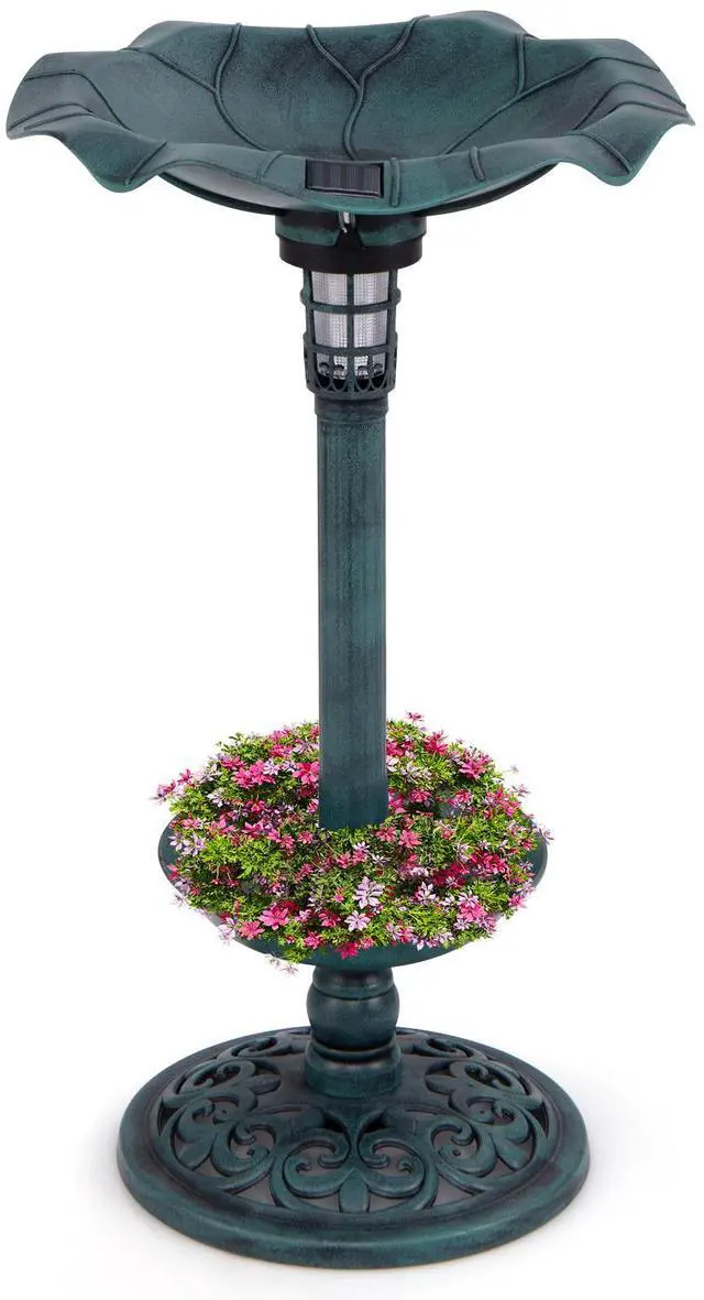 Alt view image 3 of 7 - SlickBlue Standing Pedestal Birdbath and Feeder Combo with Lotus Leaf Bowl-Green