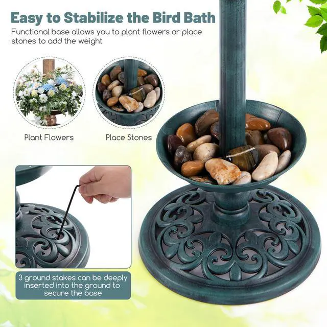 Alt view image 7 of 7 - SlickBlue Standing Pedestal Birdbath and Feeder Combo with Lotus Leaf Bowl-Green