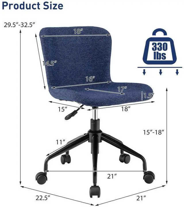 Alt view image 4 of 7 - SlickBlue Mid Back Armless Office Chair Adjustable Swivel Linen Task Chair