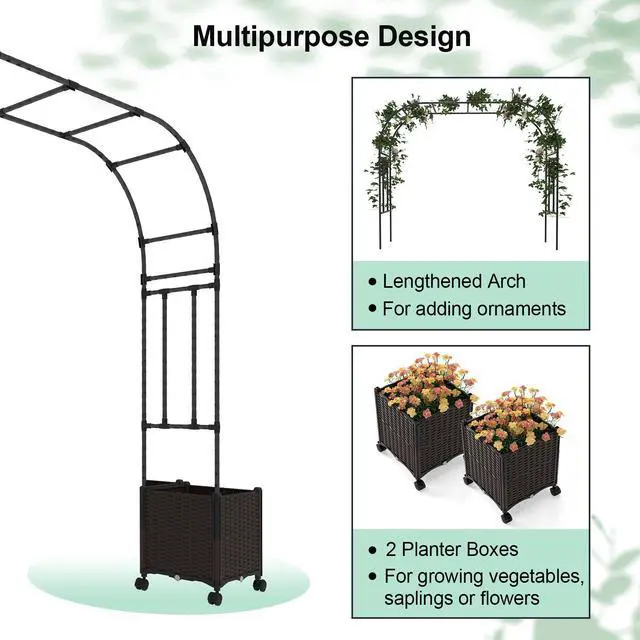 Alt view image 4 of 6 - SlickBlue 6.6 Feet Garden Arch Trellis with 2 Planter Boxes and Lockable Wheels