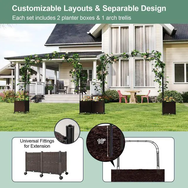 Alt view image 3 of 6 - SlickBlue 6.6 Feet Garden Arch Trellis with 2 Planter Boxes and Lockable Wheels
