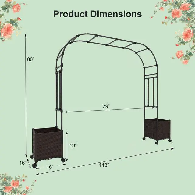 Alt view image 2 of 6 - SlickBlue 6.6 Feet Garden Arch Trellis with 2 Planter Boxes and Lockable Wheels