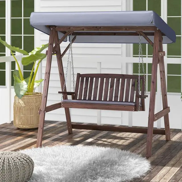 Alt view image 3 of 7 - SlickBlue 2-Person Porch Swing with Fir Wood Stand and Tilt Canopy