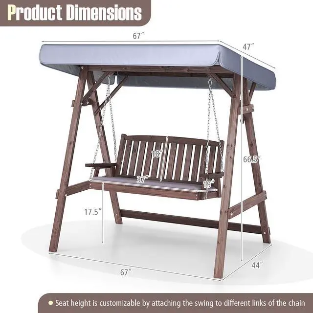 Alt view image 4 of 7 - SlickBlue 2-Person Porch Swing with Fir Wood Stand and Tilt Canopy