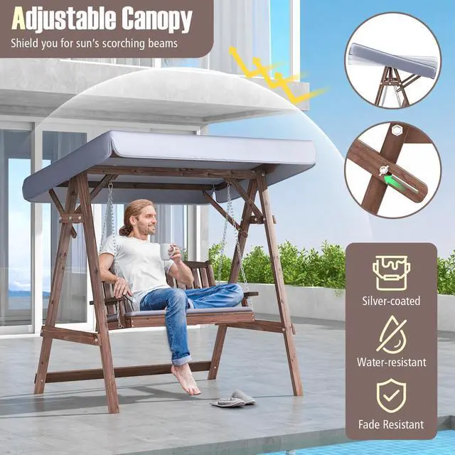 Alt view image 5 of 7 - SlickBlue 2-Person Porch Swing with Fir Wood Stand and Tilt Canopy