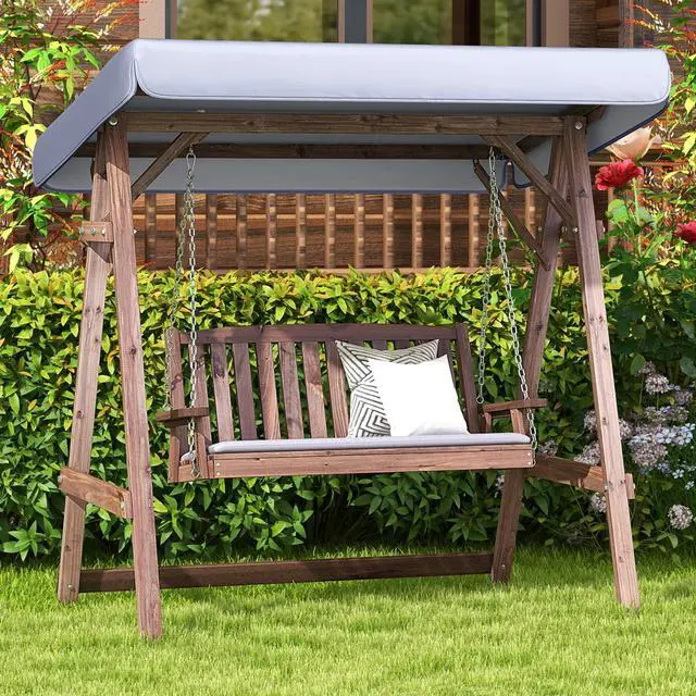 Alt view image 2 of 7 - SlickBlue 2-Person Porch Swing with Fir Wood Stand and Tilt Canopy