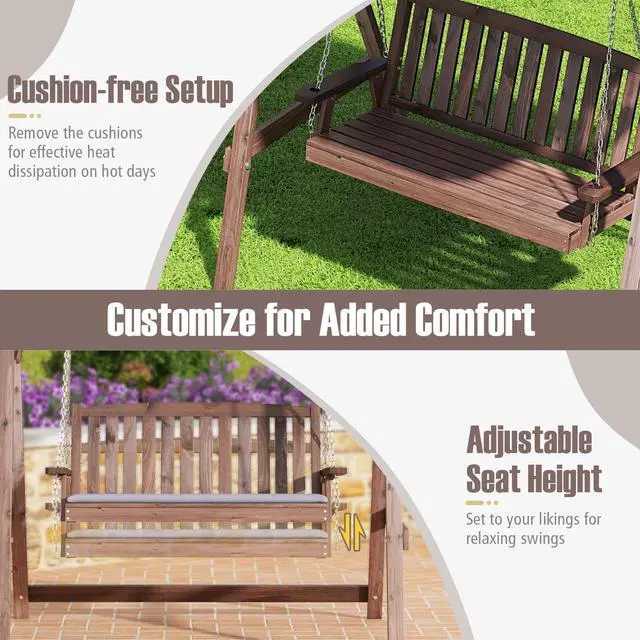 Alt view image 6 of 7 - SlickBlue 2-Person Porch Swing with Fir Wood Stand and Tilt Canopy