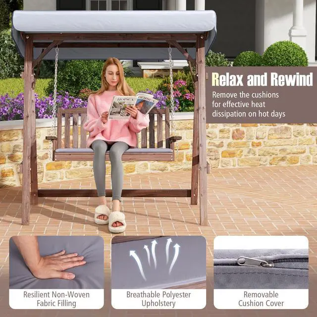 Alt view image 7 of 7 - SlickBlue 2-Person Porch Swing with Fir Wood Stand and Tilt Canopy