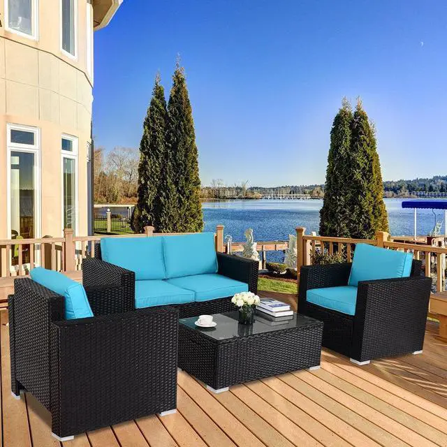 Alt view image 2 of 7 - SlickBlue 4PC Rattan Patio Furniture Set Outdoor Wicker With Blue Cushion