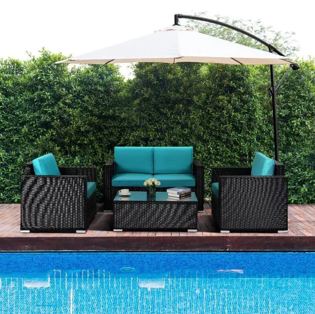 Alt view image 3 of 7 - SlickBlue 4PC Rattan Patio Furniture Set Outdoor Wicker With Blue Cushion