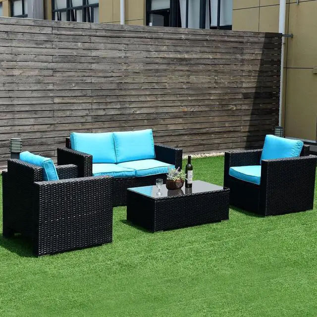 Alt view image 4 of 7 - SlickBlue 4PC Rattan Patio Furniture Set Outdoor Wicker With Blue Cushion