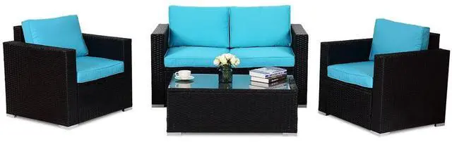 Main image of SlickBlue 4PC Rattan Patio Furniture Set Outdoor Wicker With Blue Cushion