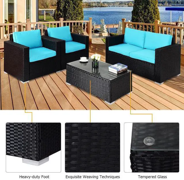 Alt view image 7 of 7 - SlickBlue 4PC Rattan Patio Furniture Set Outdoor Wicker With Blue Cushion