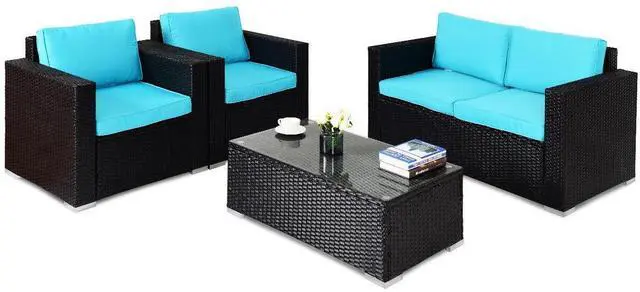 Alt view image 6 of 7 - SlickBlue 4PC Rattan Patio Furniture Set Outdoor Wicker With Blue Cushion