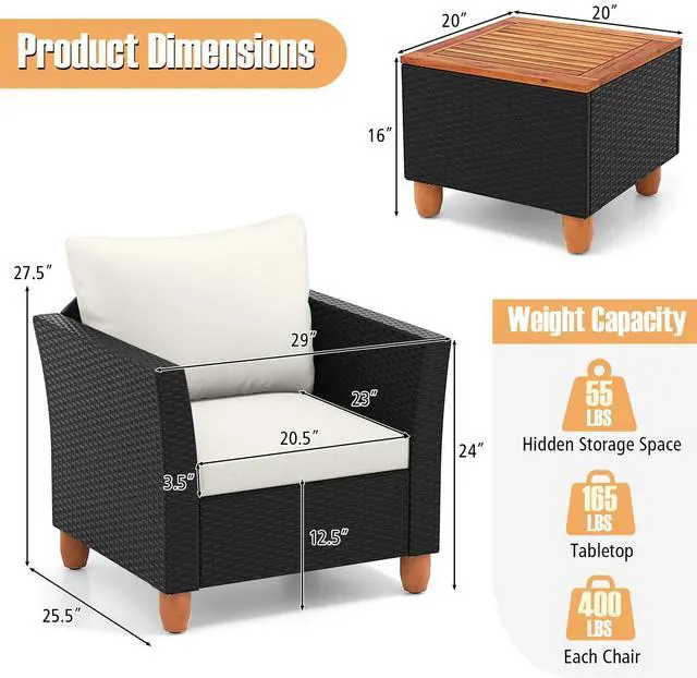 Alt view image 5 of 7 - SlickBlue 3 Pieces Outdoor Patio Rattan Furniture Set with Coffee Table