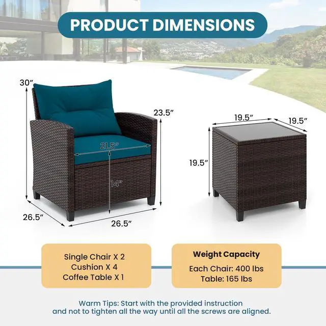 Alt view image 4 of 6 - SlickBlue 3 Pieces Rattan Patio Furniture Set with Washable Cushion